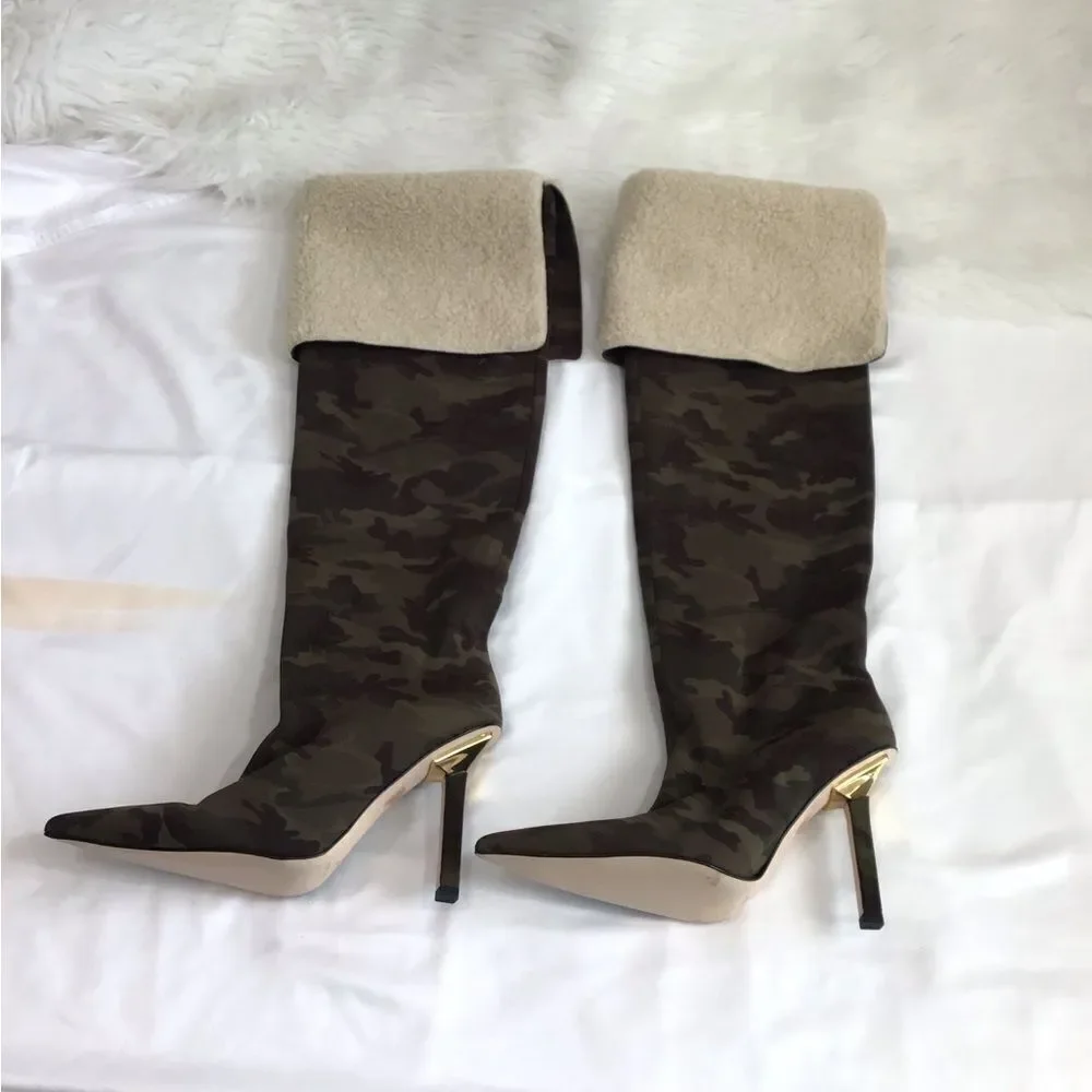 Good American Green Camo Neoprene High Kickstand Over The Knee Boots Size 9